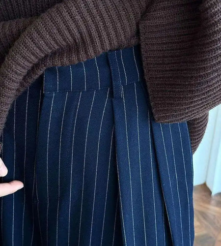 High Waist Navy Blue Striped Pleated Long Wide Leg Pants New Trousers Women Fashion Tide Spring Autumn 2025 1DH8669