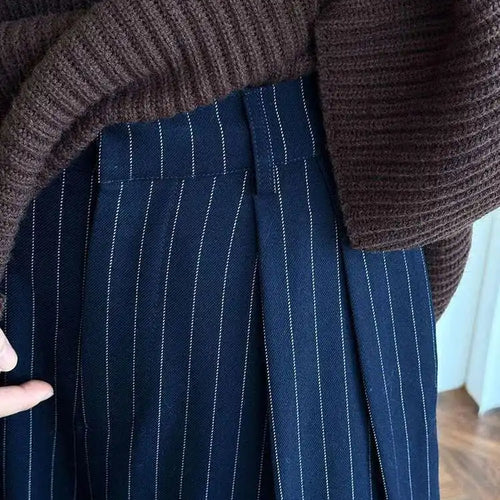 Load image into Gallery viewer, High Waist Navy Blue Striped Pleated Long Wide Leg Pants New Trousers Women Fashion Tide Spring Autumn 2025 1DH8669
