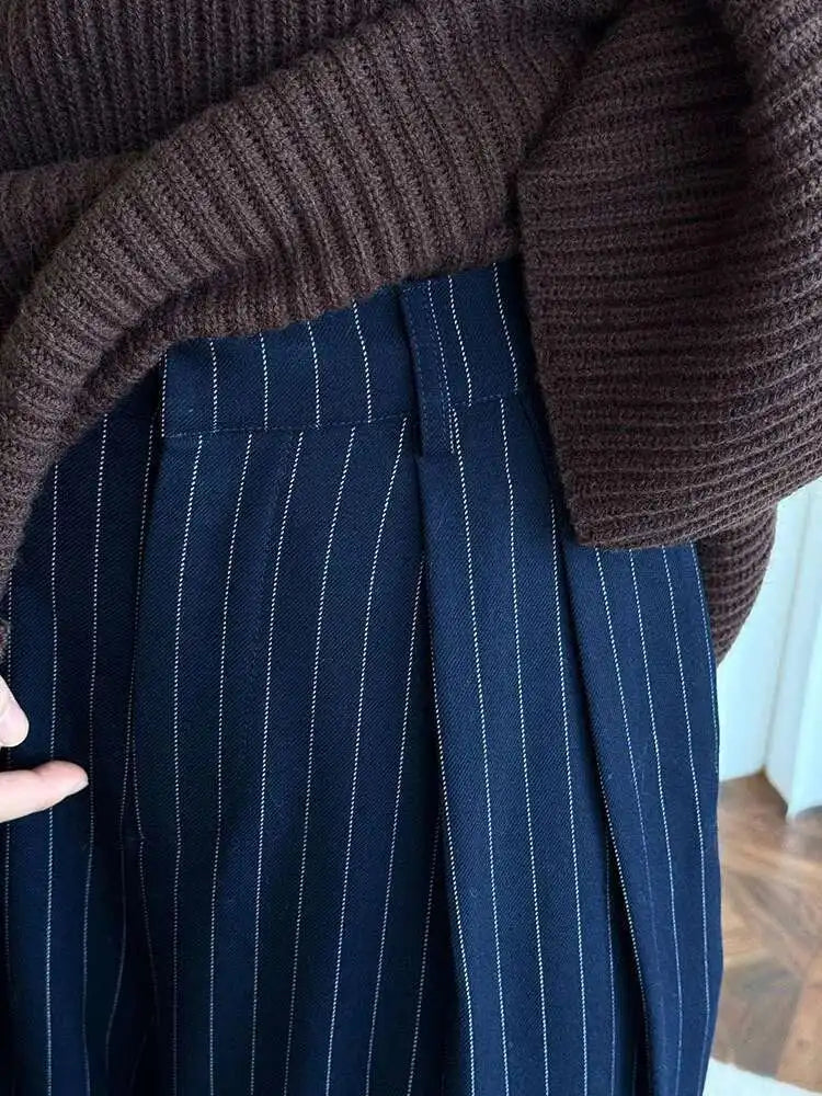 High Waist Navy Blue Striped Pleated Long Wide Leg Pants New Trousers Women Fashion Tide Spring Autumn 2025 1DH8669