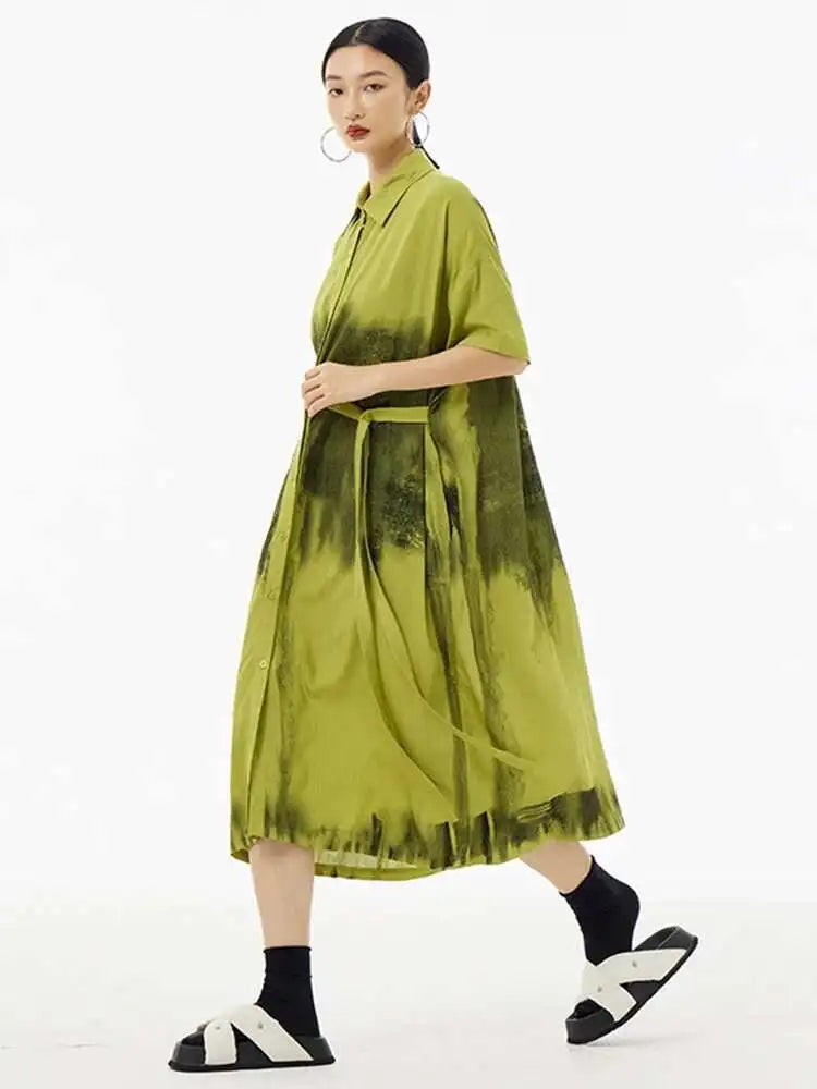 Women Green Pattern Printed Belted Big Size Shirt Dress New Lapel Short Sleeve Fashion Tide Spring Summer 2025  1DH5759