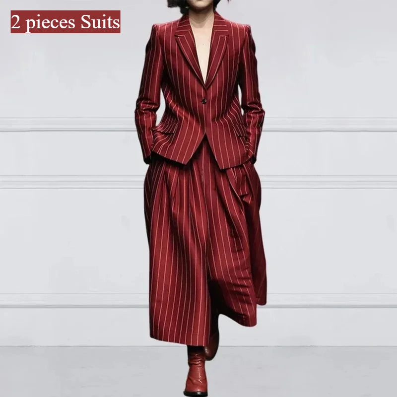 Winter Clothes Trendy Pants Suits Set Office for Women 2024 Autumn British Striped Loose Wide Leg Womens England Capris