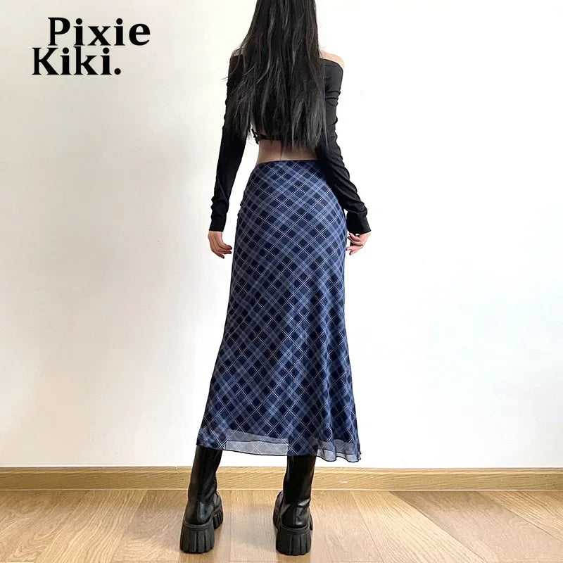 Retro Plaid Print Mesh Slit Long Skirts Woman Korean Clothing High Waist Y2k Skirt Preppy Style Women Bottoms P71-BG24