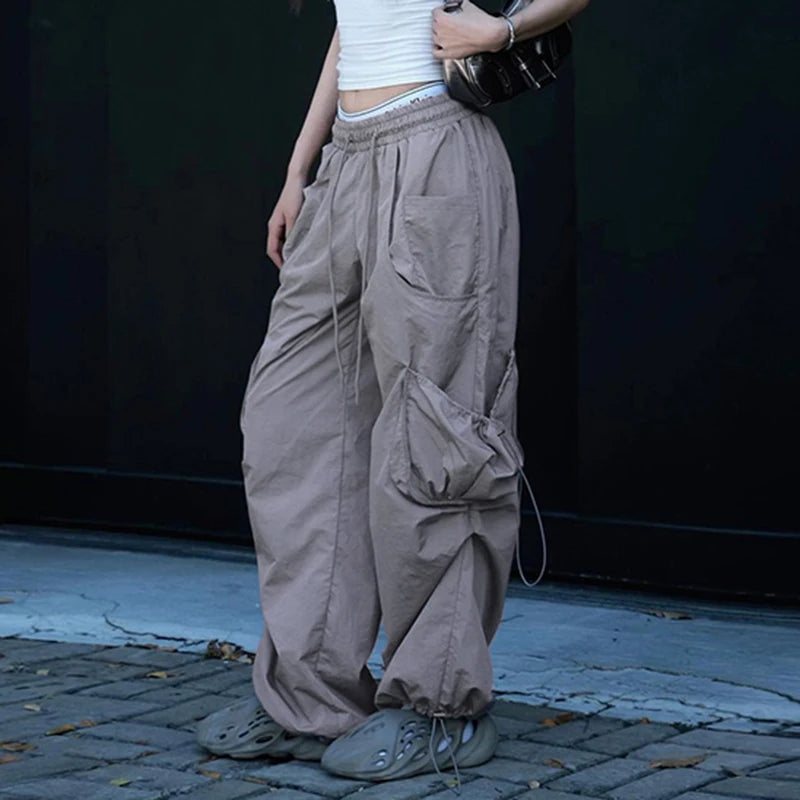 Harajuku Solid Drawstring Cargo Pants Female Streetwear Tech Pockets Draped Baggy Trousers Hip Hop Sweatpants Outfits