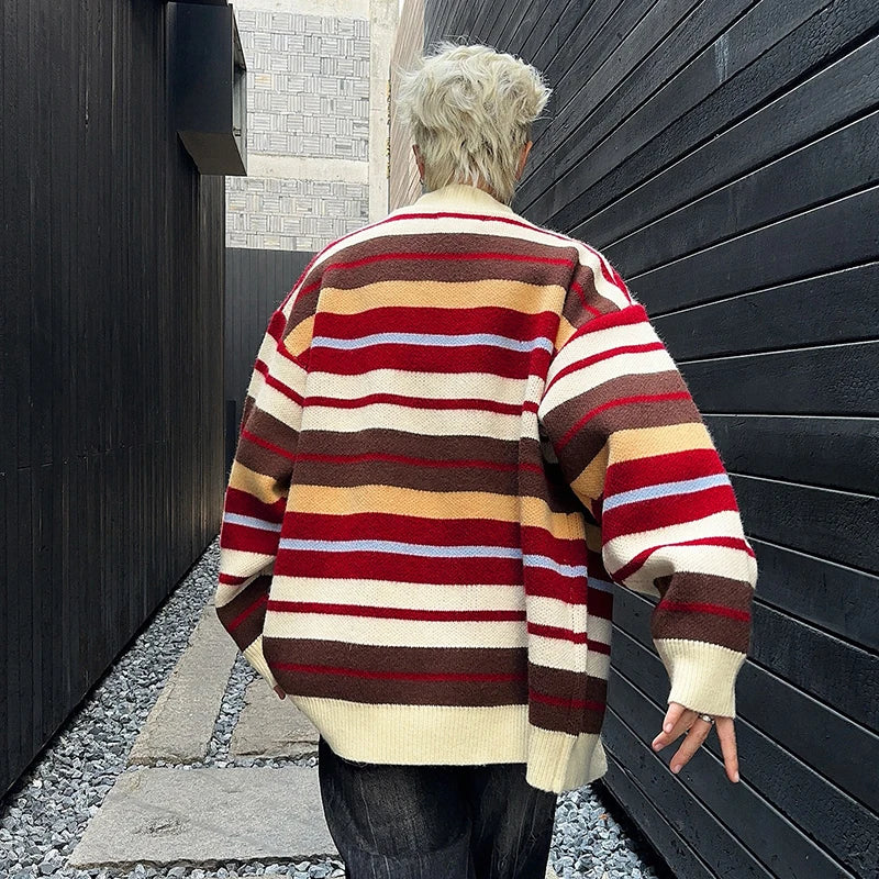 American Sweater Cardigan Jacket Men's Spring Versatile Loose Striped Couple Zipper Knitted Sweater 2025 Turtleneck 9C9259