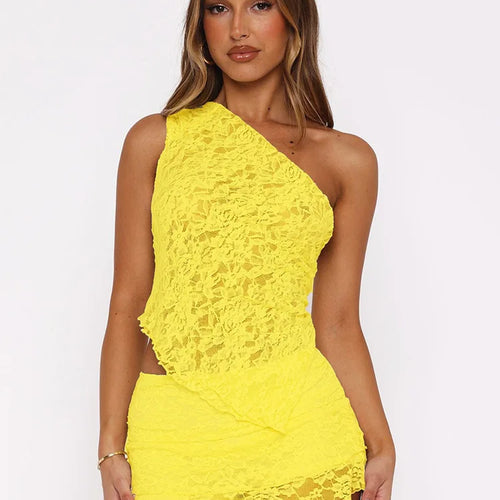 Load image into Gallery viewer, Sexy Slim Fit Women's  Two-piece Set Patchwork Irregular Lace Top And Fashion Short Skirt Two-piece Set Ladies Outfits
