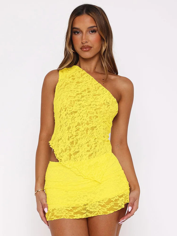 Sexy Slim Fit Women's  Two-piece Set Patchwork Irregular Lace Top And Fashion Short Skirt Two-piece Set Ladies Outfits