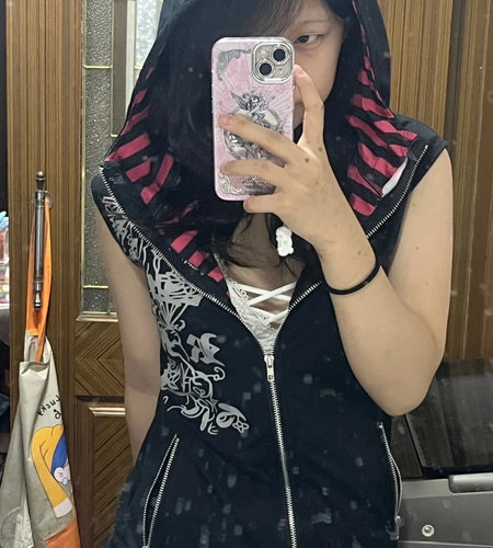 Harajuku Casual Women Printing Vest Coat Grunge Streetwear Sleeveless Patchwork Hooded Coats Y2k Aesthetic Zipper Pocket Jackets