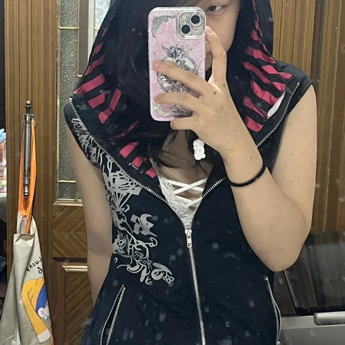 Load image into Gallery viewer, Harajuku Casual Women Printing Vest Coat Grunge Streetwear Sleeveless Patchwork Hooded Coats Y2k Aesthetic Zipper Pocket Jackets

