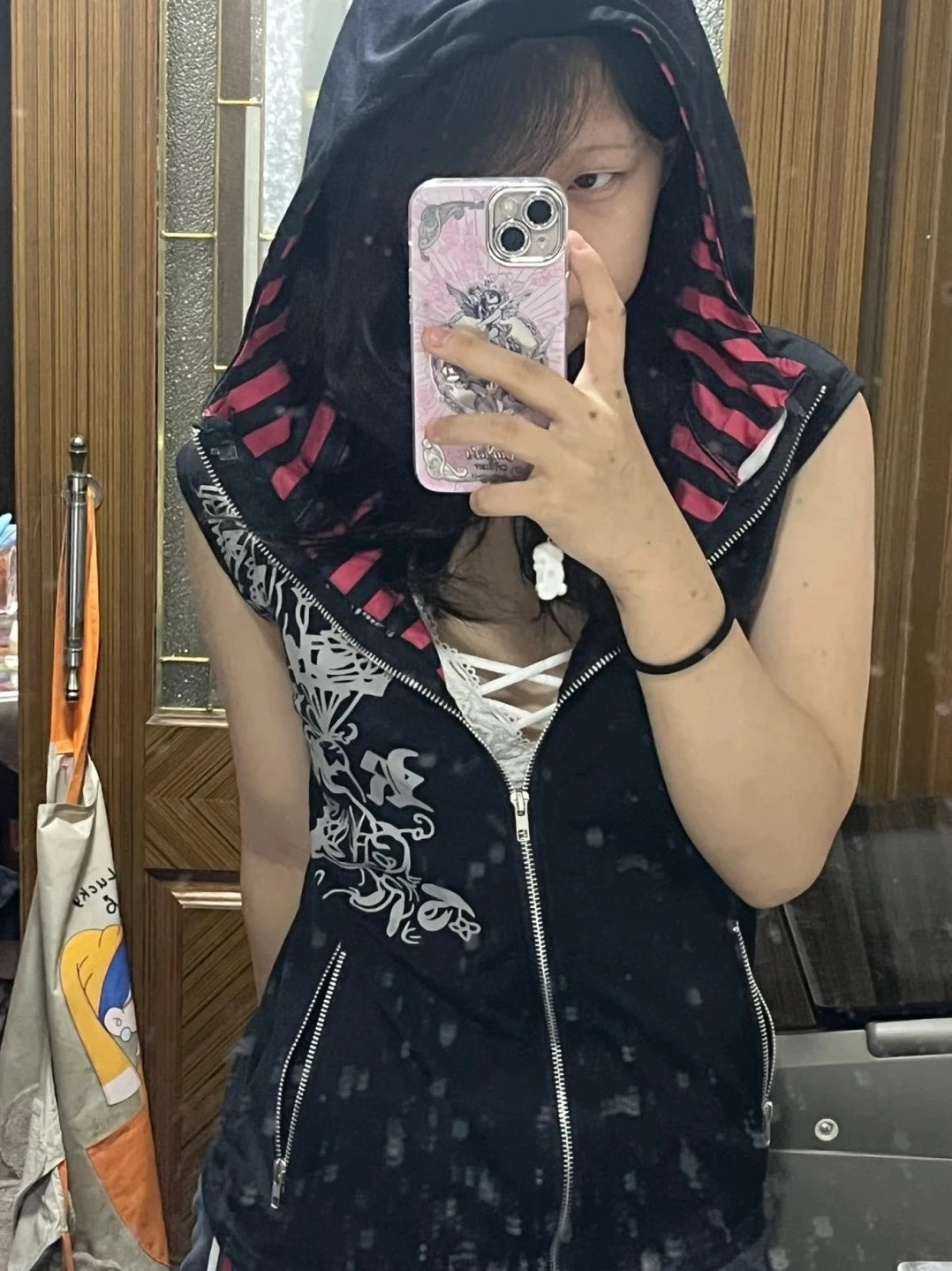 Harajuku Casual Women Printing Vest Coat Grunge Streetwear Sleeveless Patchwork Hooded Coats Y2k Aesthetic Zipper Pocket Jackets