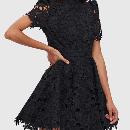 Load image into Gallery viewer, Solid Embroidery Elegant Dresses For Women Stand Collar Short Sleeve High Waist Spliced Lace Hollow Out A Line Dress Female
