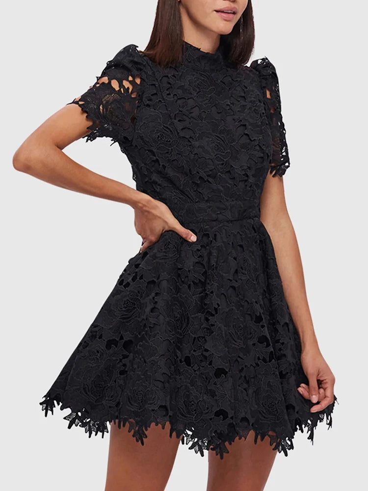 Solid Embroidery Elegant Dresses For Women Stand Collar Short Sleeve High Waist Spliced Lace Hollow Out A Line Dress Female