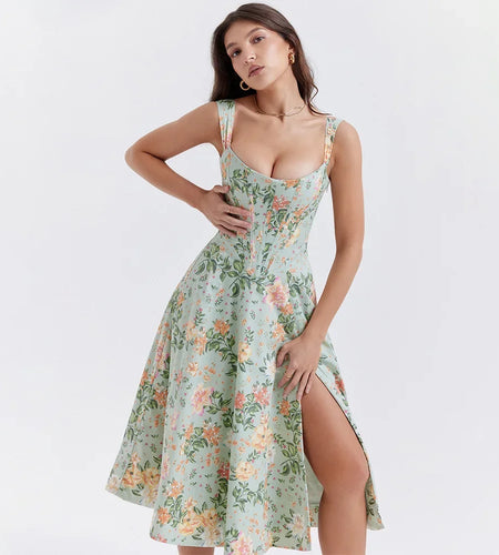 Summer Dress Women 2023 Green Lace Up Floral Print Dress Elegant with Boning Casual Party Holiday Dress High Quality