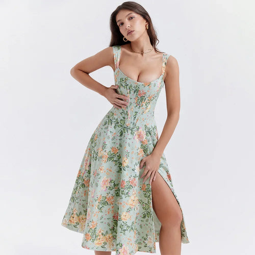 Load image into Gallery viewer, Summer Dress Women 2023 Green Lace Up Floral Print Dress Elegant with Boning Casual Party Holiday Dress High Quality

