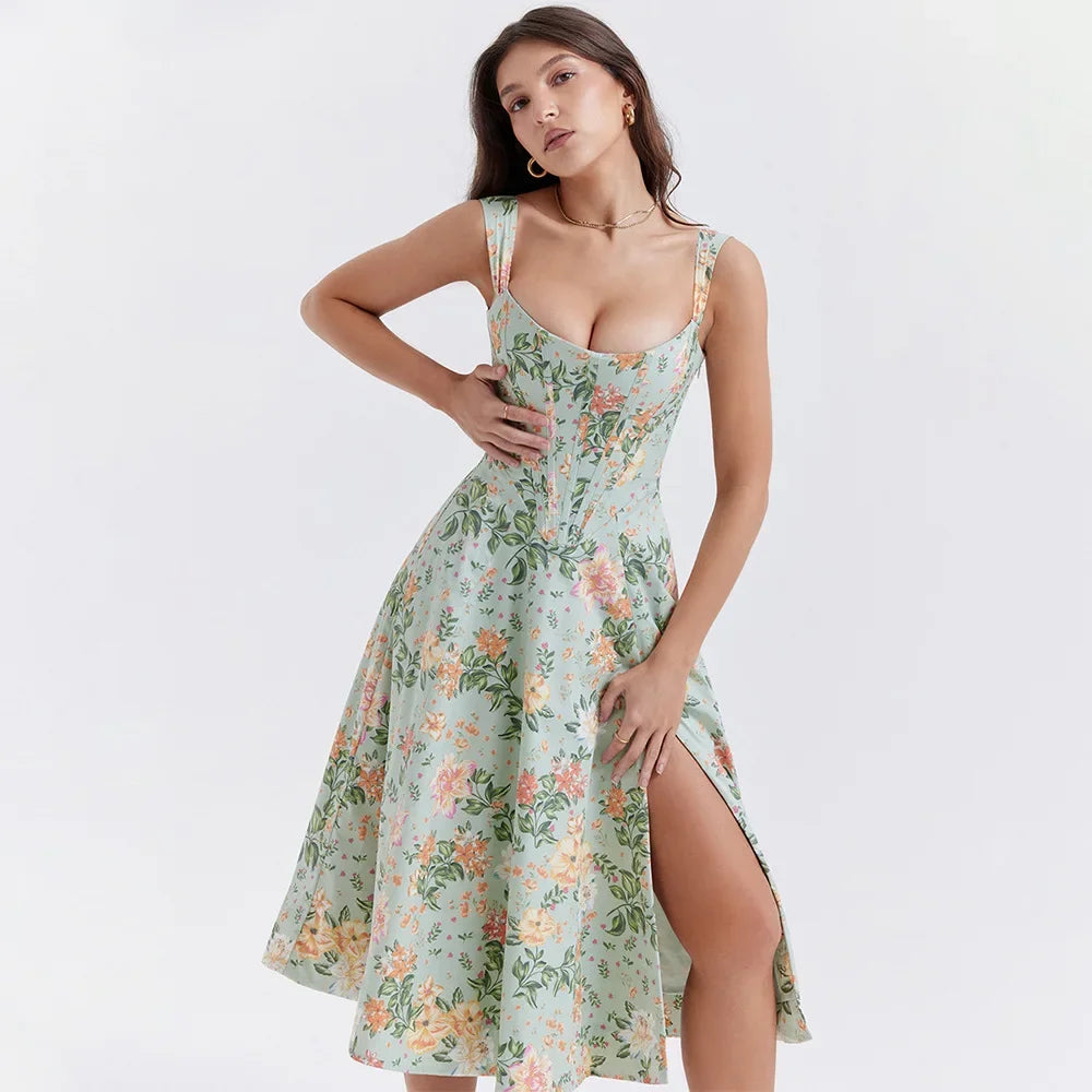 Summer Dress Women 2023 Green Lace Up Floral Print Dress Elegant with Boning Casual Party Holiday Dress High Quality