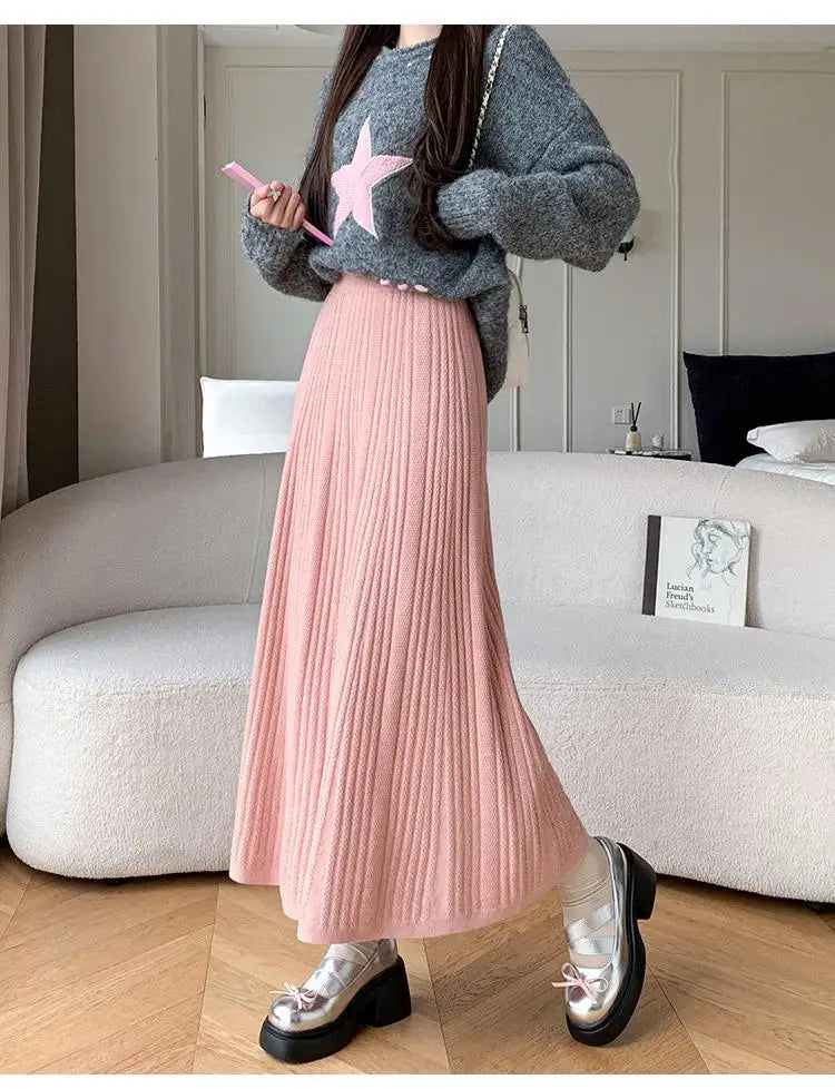 Vintage Women's Solid Elegant Party Knitted Long Skirt High Waist Pleated Warm Vacation A-line Skirts 2024 Autumn Winter Popular