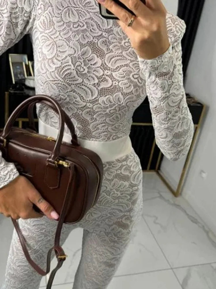 Fashion Lace Leather Patchwork Long Sleeved Jumpsuit Women's 2025 Autumn/Winter Sexy Patchwork New Elastic Tight Rompers