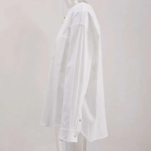 Load image into Gallery viewer, Women White Irreuglar Button Big Size Elegant Blouse New Round Neck Long Sleeve Shirt Fashion Spring Autumn 2025 CPG1558
