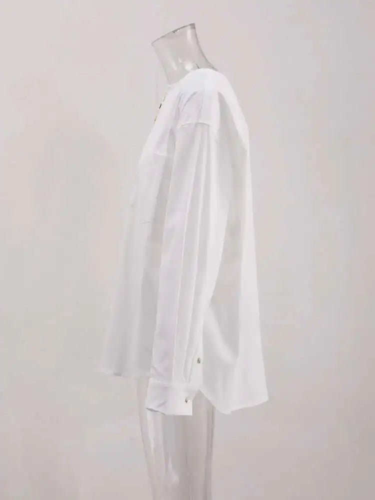 Women White Irreuglar Button Big Size Elegant Blouse New Round Neck Long Sleeve Shirt Fashion Spring Autumn 2025 CPG1558