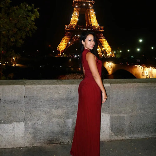 Load image into Gallery viewer, Half High Collar Sleeveless Knit Maxi Dress For Women Fashion Solid Bodycon Sexy Pleated Long Knitted Sweater Dress
