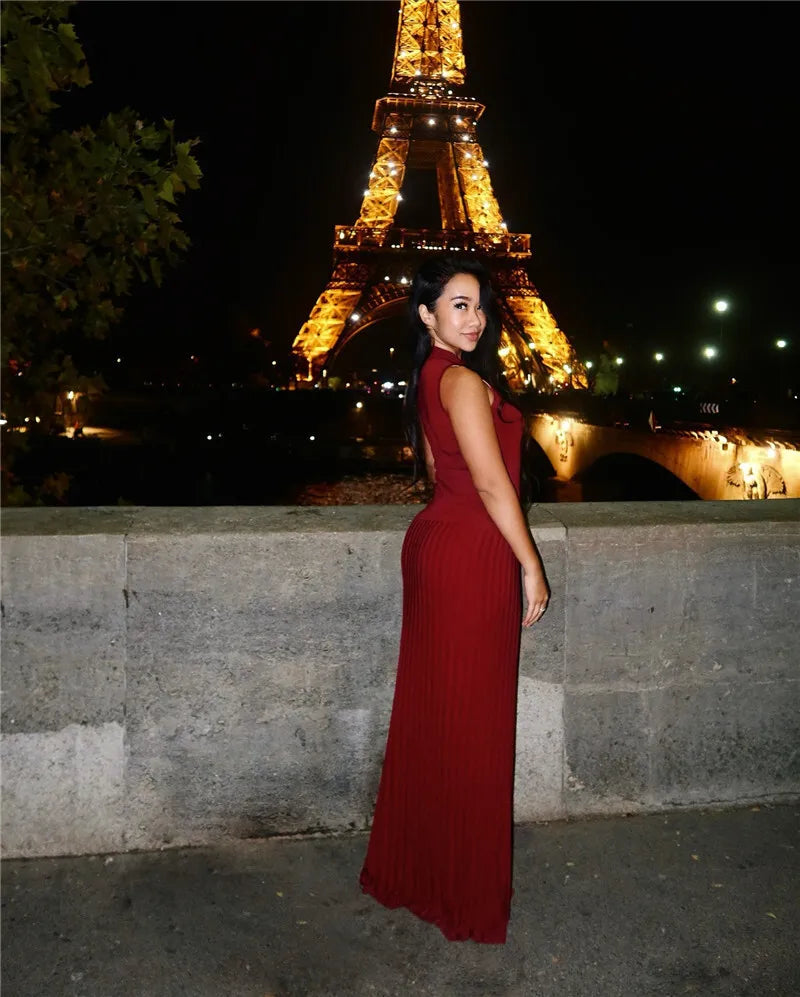 Half High Collar Sleeveless Knit Maxi Dress For Women Fashion Solid Bodycon Sexy Pleated Long Knitted Sweater Dress