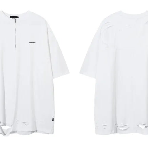 Load image into Gallery viewer, Hip Hop Oversized Tshirt Streetwear Solid Half Zipper Destroy Ripped Holes Punk Gothic T-Shirts Men Harajuku Casual Baggy Tops
