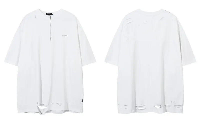 Hip Hop Oversized Tshirt Streetwear Solid Half Zipper Destroy Ripped Holes Punk Gothic T-Shirts Men Harajuku Casual Baggy Tops