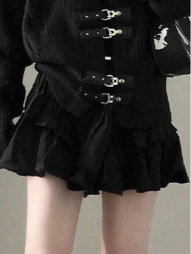 Bleted Button Black Knitted Cardigan Women Cool Punk Loose Sweater Jacket Y2k Aesthetic Tops Casual All Match Harajuku