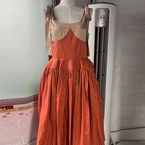 Load image into Gallery viewer, Hit Color Spliced Bowknot Sweet Long Dresses for Women V Neck Sleeveless High Waist Patchwork Ruffles Dress Female
