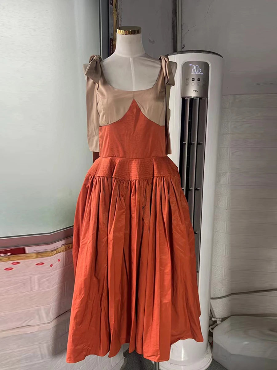 Hit Color Spliced Bowknot Sweet Long Dresses for Women V Neck Sleeveless High Waist Patchwork Ruffles Dress Female