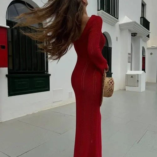 Load image into Gallery viewer, Elegant Knitted Sweater Long Sleeved V-neck Dress Women Slim Hollow Out Female Vesidos Party Club Evening Dress Vacation
