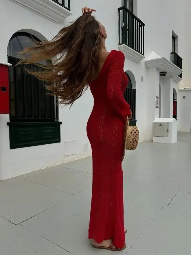 Elegant Knitted Sweater Long Sleeved V-neck Dress Women Slim Hollow Out Female Vesidos Party Club Evening Dress Vacation