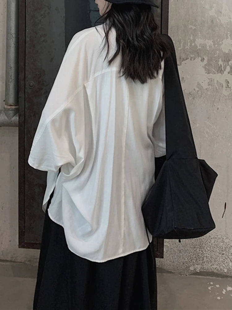 Women White Bandage Big Size Elegant Blouse New Lapel Three-quarter Sleeve Shirt Fashion Tide Spring Autumn 2025 1DJ1666