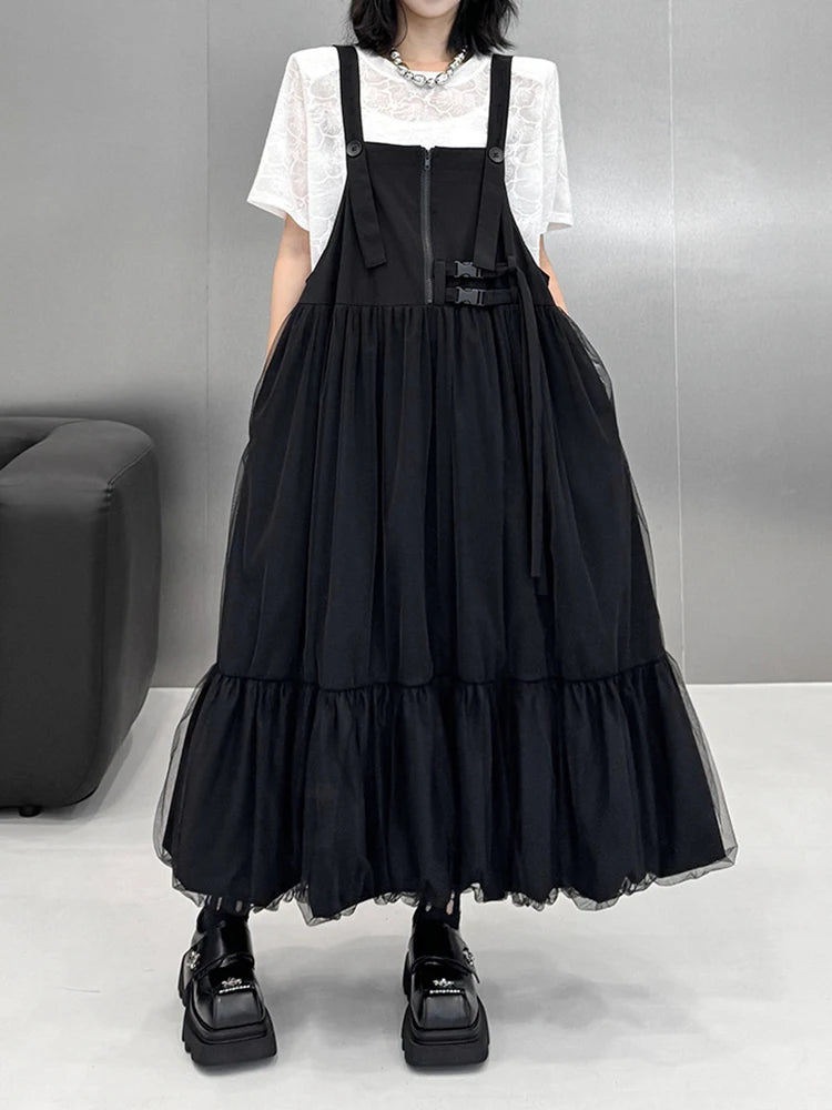 Women Black Buckle Mesh Big Size Midi Strap Dress New Square Collar Sleeveless Fashion Tide Spring Autumn 2025 1DJ1426