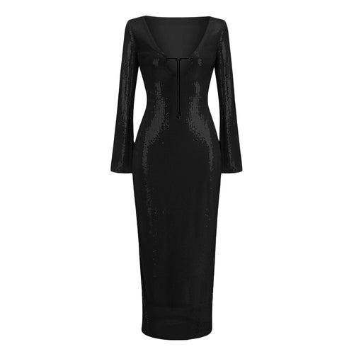 Load image into Gallery viewer, Minimalist Dresses For Women V Neck Flare Sleeve High Waist Spliced Sequins Summer Dress Female Fashion Clothing
