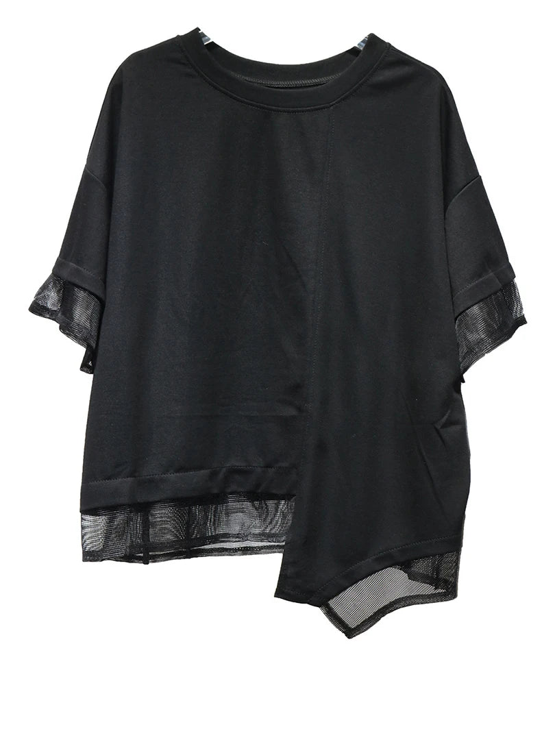 Women Black Irregular Mesh Spliced Big Size T-shirt New Round Neck Short Sleeve Fashion Tide Spring Summer 2025 1DJ1700