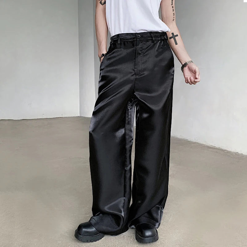 Male Glossy Casual Pants Droop Wide Leg Loose Bottom Autumn Straight Solid Color Men's Trousers 2024 Korean Style 9C6406