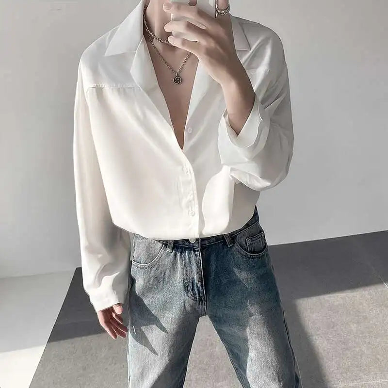 Men's Shirts Long Sleeve Trendy New Korean Style Single Breasted Stylish Suit Collar Loose Shoulder Design Male Tees 9W1871
