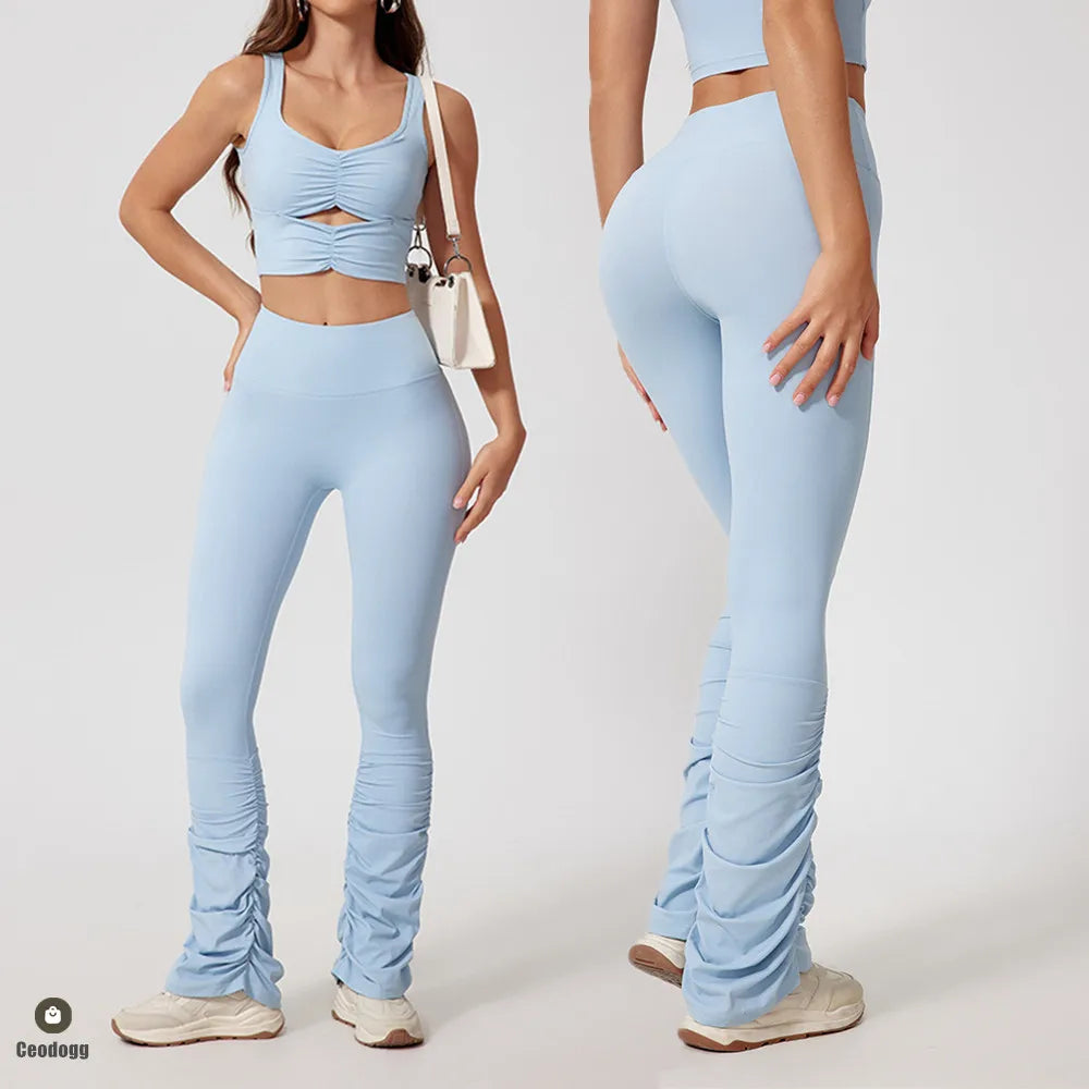 Fold High Waist Tight Nude Yoga Pants Stitching Casual Pile Style Sports Trousers Running Hip Lifting Gym Leggings Workout