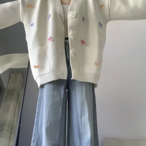 Load image into Gallery viewer, 3D Flower Y2k Aesthetic Knitted Grunge Cardigan 2025 Autumn Oversize Loose Contrast Women Sweater Bow Harajuku Cardigans Femme
