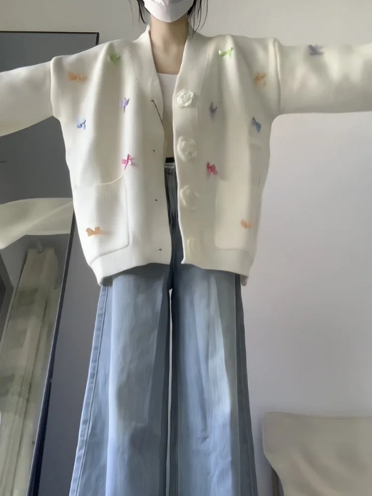 3D Flower Y2k Aesthetic Knitted Grunge Cardigan 2025 Autumn Oversize Loose Contrast Women Sweater Bow Harajuku Cardigans Femme