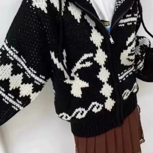 Load image into Gallery viewer, Harajuku Knitted Hooded Cardigan Women Y2k Aesthetic Zippers Casual Loose Sweater 2025 Autumn Grunge Vintage Drawstring Tops
