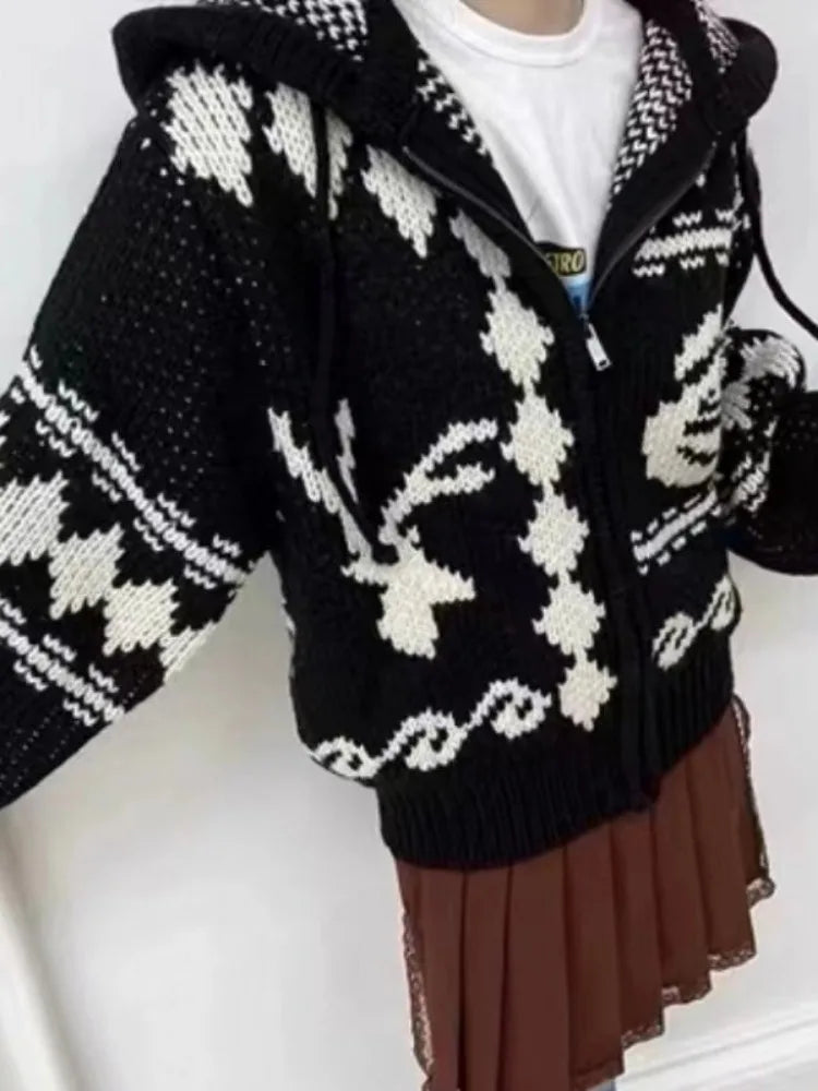 Harajuku Knitted Hooded Cardigan Women Y2k Aesthetic Zippers Casual Loose Sweater 2025 Autumn Grunge Vintage Drawstring Tops