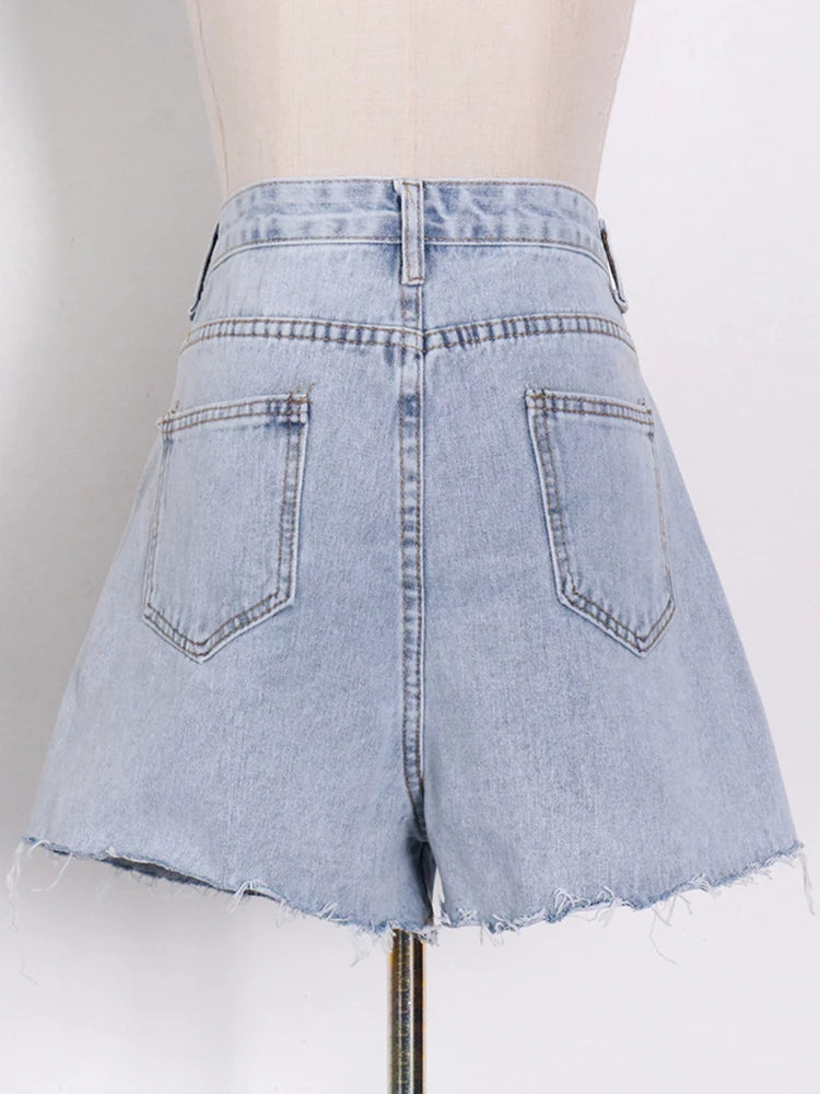 Korean Patchwork Pearl Short Pants For Women High Waist Solid Minimalist Denim Shorts Female Fashion Clothes Summer