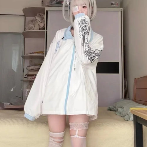 Load image into Gallery viewer, Japanese Kawaii Fashion Jacket Women Y2k Aesthetic Zipper Coat Loose Simple Coats Casual Harajuku Cartoon Skull Print Jackets
