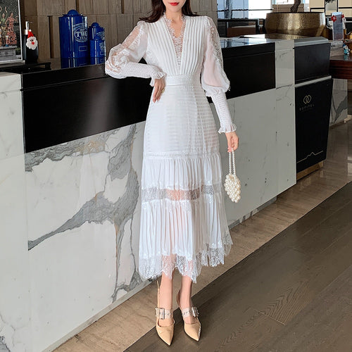 Load image into Gallery viewer, Temperament Dresses For Women V Neck Long Sleeve High Waist Folds Tunic Spliced Lace Summer Dress Female Fashion
