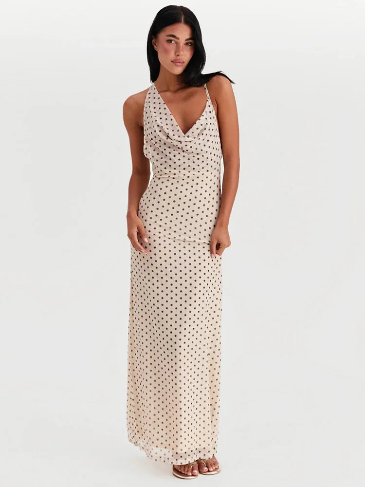 Spaghetti Strap Polka Dot Dress For Women Gown Fashion Irregular V Neck Sleeveless Backless Bodycon Club Long Dress