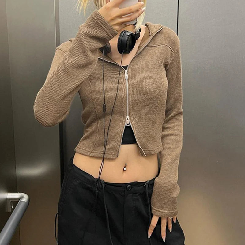 Casual Knit Spring Autumn T shirt Female Hooded Top Solid Basic Outwear Harajuku Zip Up Jacket Shirt Cropped Clothing