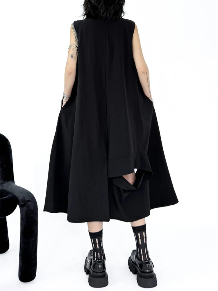 Women Black Zipper Hollow Out Big Size A-line Vest Dress New V-Neck Sleeveless Fashion Tide Spring Summer 2025 1DJ1410