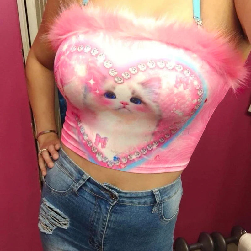 Cutecore Pink Animal Printed Feather Summer Tube Top Strapless Kawaii Mini Crop Tops Female Coquette  Clothes Korean