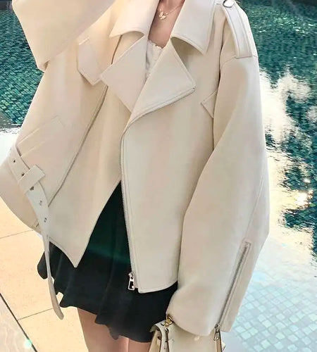 Beige Suede Belted Big Size Casual Jacket New Lapel Long Sleeve Women Coat Fashion Tide Spring Autumn 2025 1DH9701
